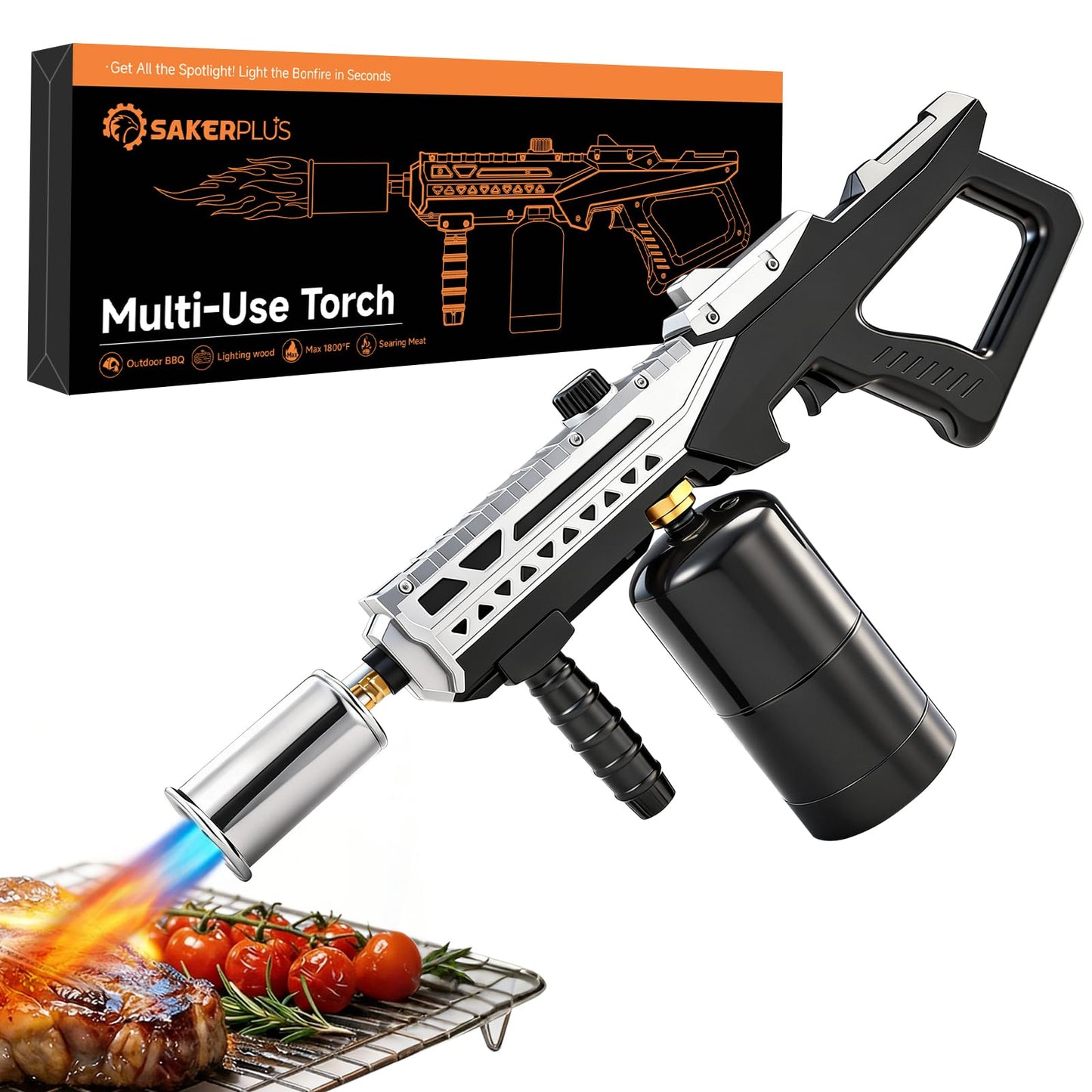 Sakerplus Propane Torch, 3272°F High Power Torch Gun with Adjustable Flame & Safety Lock, Heavy Duty Blow Torch for BBQ, Sous Vide, Steak Searing, Campfire & Charcoal Starter (Tank Not Included)
