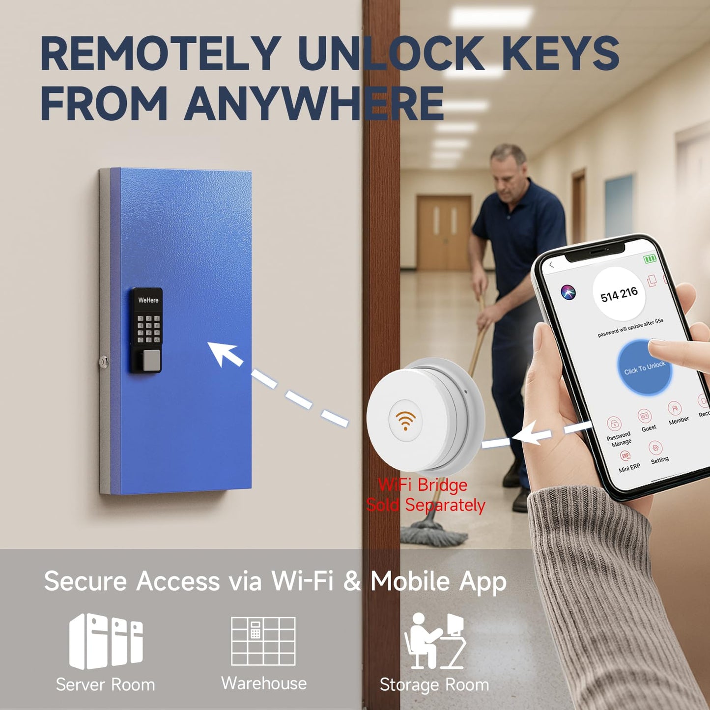WeHere 48-Key Smart Key Lock Box Wall-Mount, Key Cabinet with Key Management App(Track Key Borrow/Return), Keypad, Bluetooth & WiFi Unlock (Sold Separately) for Commercial, School, Rental, Office