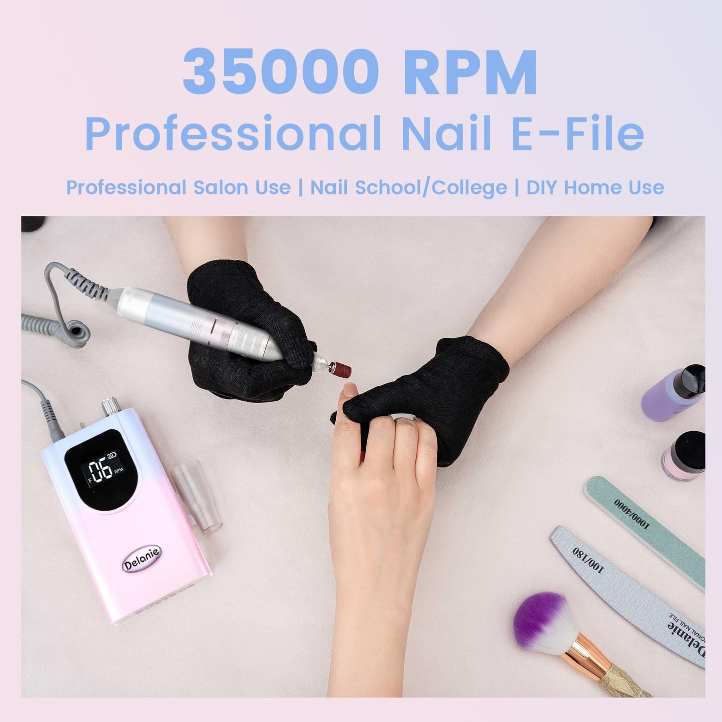 Delanie Professional Nail Drill High Torque 35000 RPM Rechargeable Portable Electric Nail File Filer for Acrylic Gel with Cuticle Bits, Salon Manicure Tool, Purple