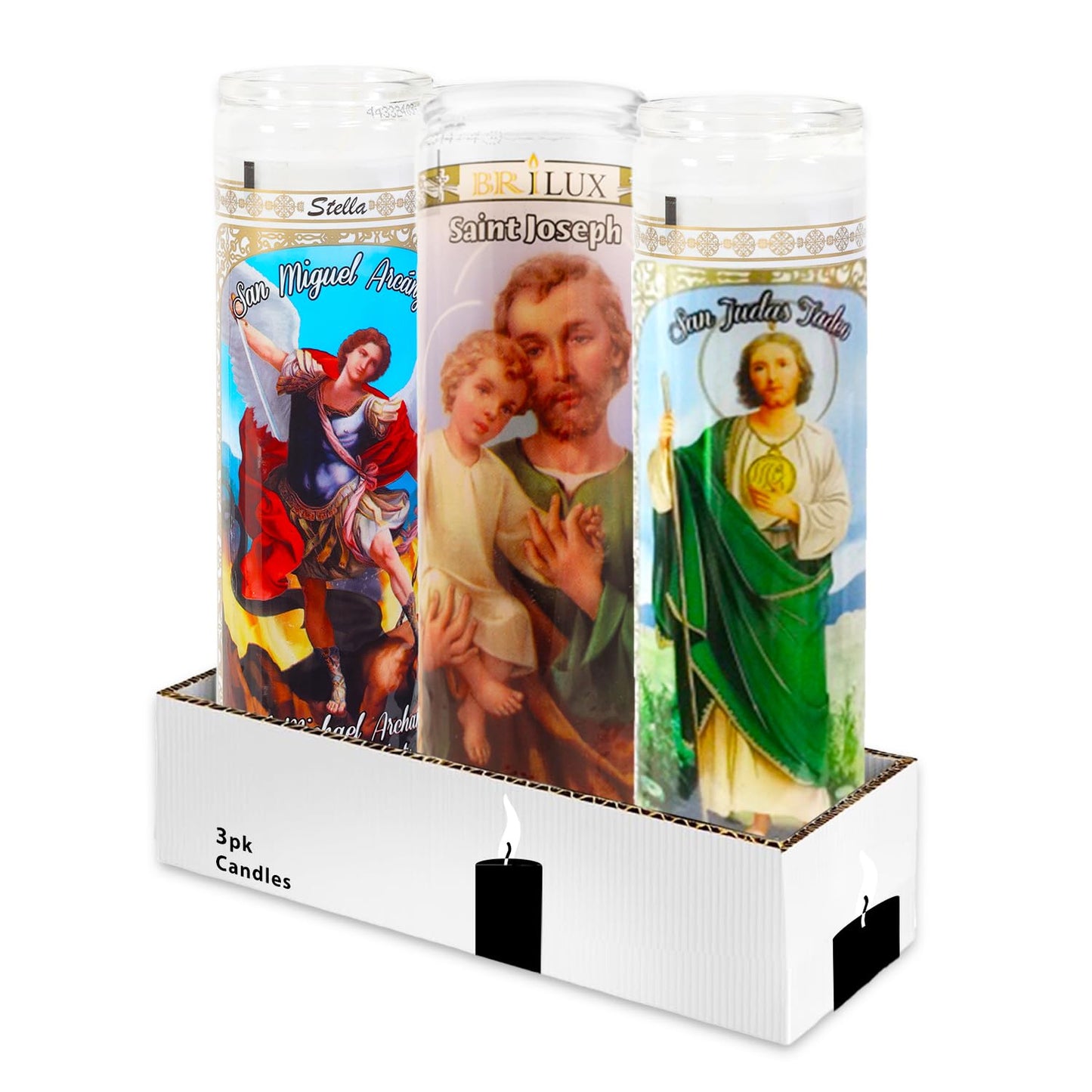 3 Pack Religious Set - Bundle 8" Saint Joseph, Saint Jude, and Michael The Archangel Candles for Vigils, Prayers, More | White Candles in Glass