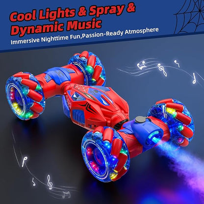 Unique 4WD 360° Rotating Gesture Sensing RC Stunt Car Double‑Sided Driving RC Drift Car with Lights Music &amp Spray Kids Outdoor Cars Toys for Ages 6-12 Gifts for Boys 6-122 Replaceable Batteri