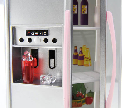 PowerTRC Doll Kitchen Play Set, Mini Modern Toy Pink Kitchen Pretend Play Furnitures Toy Set Accessories Set with Realistic Light & Sound for Kids Toddlers Girls (4-in-1)