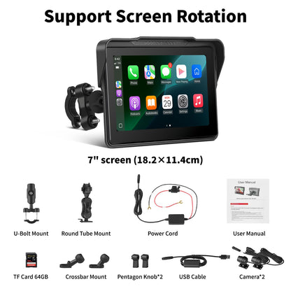 Motorcycle CarPlay Screen 7", Waterproof GPS Display for Motorbike, Wireless CarPlay & Android Auto para Moto, Dual Bluetooth, Touchscreen, Music Sharing Siri (7" Wireless CarPlay) (Dual Camera)