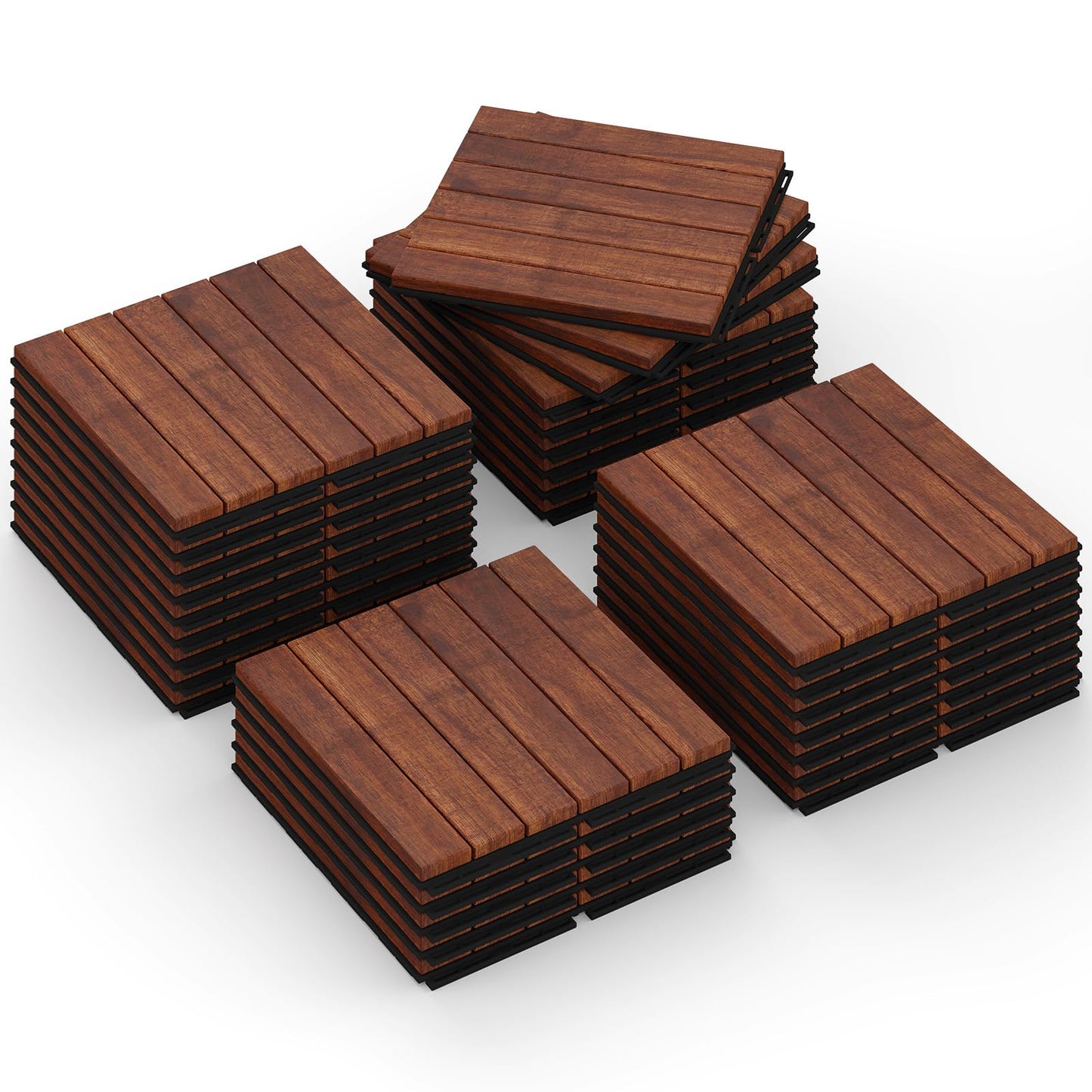 Rovibek Acacia Wood Interlocking Deck Tiles, 30PCS 12"x12" Outdoor Waterproof Decking Tiles, All Weather Use for Balcony Patio Backyard Poolside, Indoor & Outdoor, Striped Brown