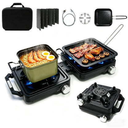 2 Burner Camping Stove 24000 BTU, Portable Propane Camp Stove Set with Frying Pan and Pot, Wind Shield, Griddle, Adjustable Dual Gas Stoves Camping Cooking Kit For RV, Tailgating, Survival, Black