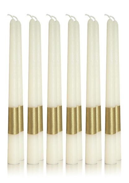 Homeology 10" Classic Taper Candles, Gold Stripe, Ivory, 12-Pack, 7-8 Hours Long Burning, Unscented Tall Candlesticks