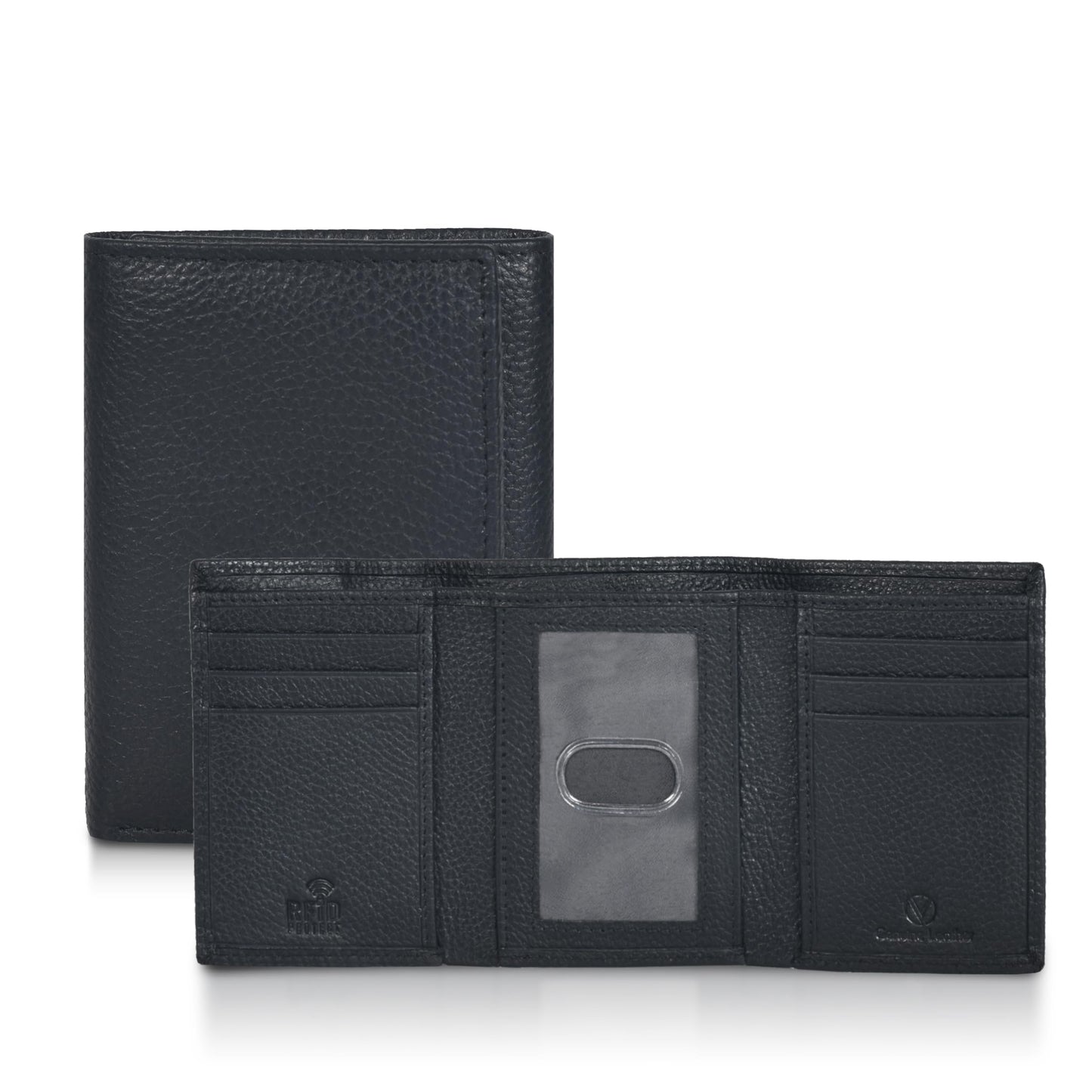 Leather Trifold Wallet For Men - RFID Blocking - 6 Card Slots, 2 Note Compartments & 1 ID Window - Minimalist Design, Slim Wallet - Premium, Fashionable Gifts for Him - Father's Day (Black Pebble)