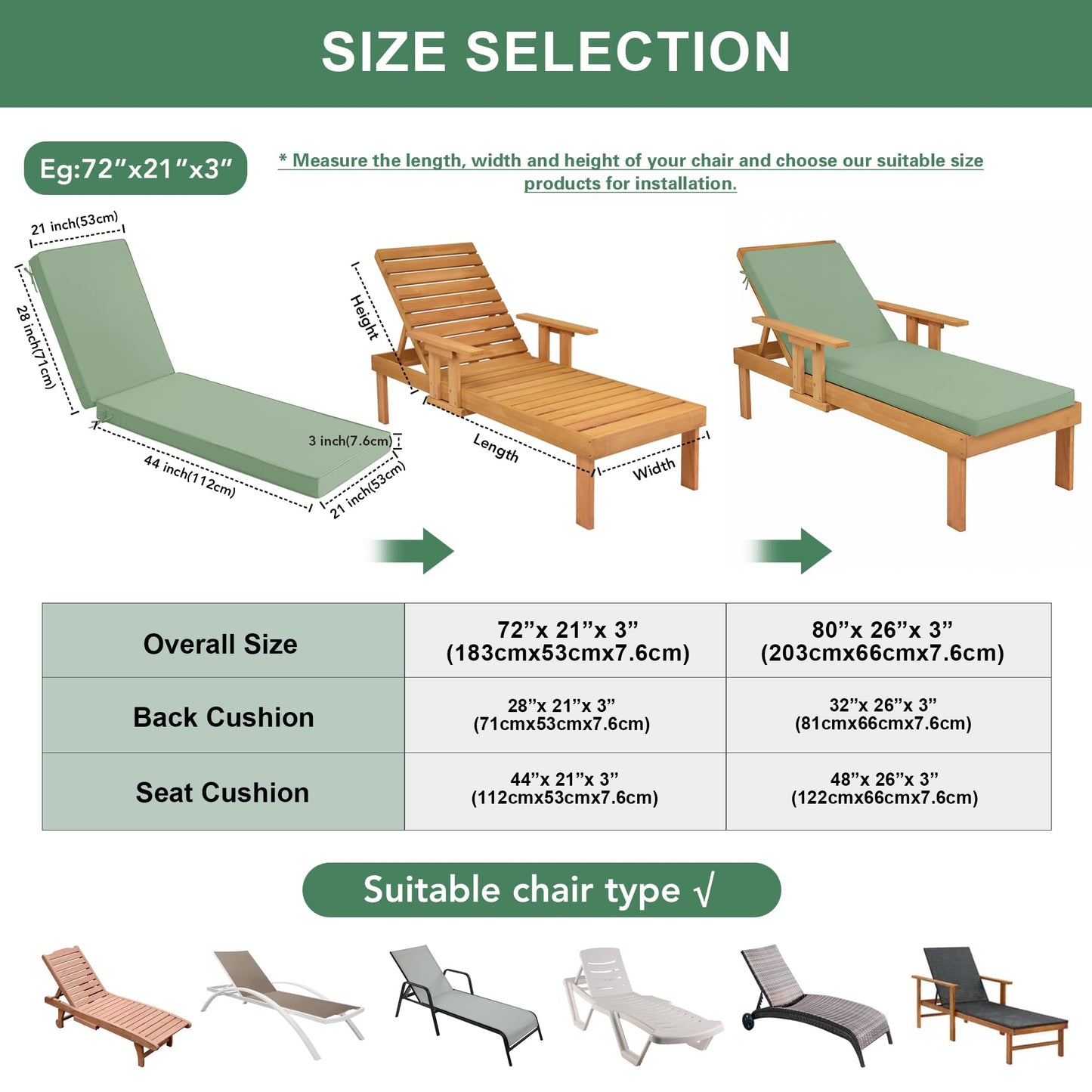 Summsun Chaise Lounge Cushions Outdoor Set of 4 - Waterproof and Fade Resistant Sun Lounger Replacement Cushions - Patio Lounger Pads with Removable Cover for Pool, Deck, 80 x 26 x 3 Inch, Sage Green