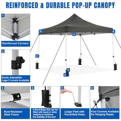 Yesker 10x10 Pop Up Canopy Tent with 4 Sidewalls Portable Folding Outdoor Canopy Easy Setup Gazebo Waterproof Instant Popup Shelter Tent w Wheeled Carry Bag sandbags for Events Parties Camping, Gray