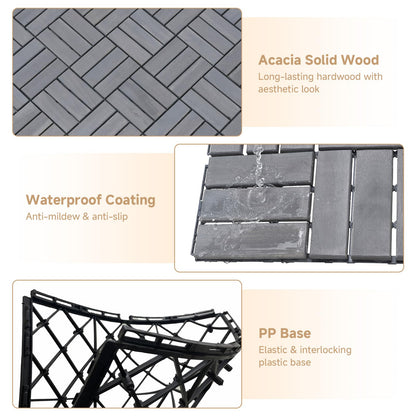 Rovibek Acacia Wood Interlocking Deck Tiles, 30PCS 12"x12" Outdoor Waterproof Decking Tiles, All Weather Use for Balcony Patio Backyard Poolside, Indoor & Outdoor, Checker Gray