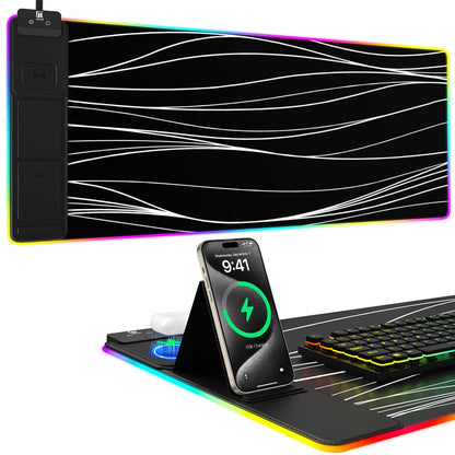 Mouse Pad with Wireless Charging, Large Desk Mat RGB Gaming Mousepad, 10 Light Colors LED Gaming Pad Keyboard Pad with Ultra-Smooth Surface & Non-Slip Rubber Base, Waterproof Full Desk Mouse Pad