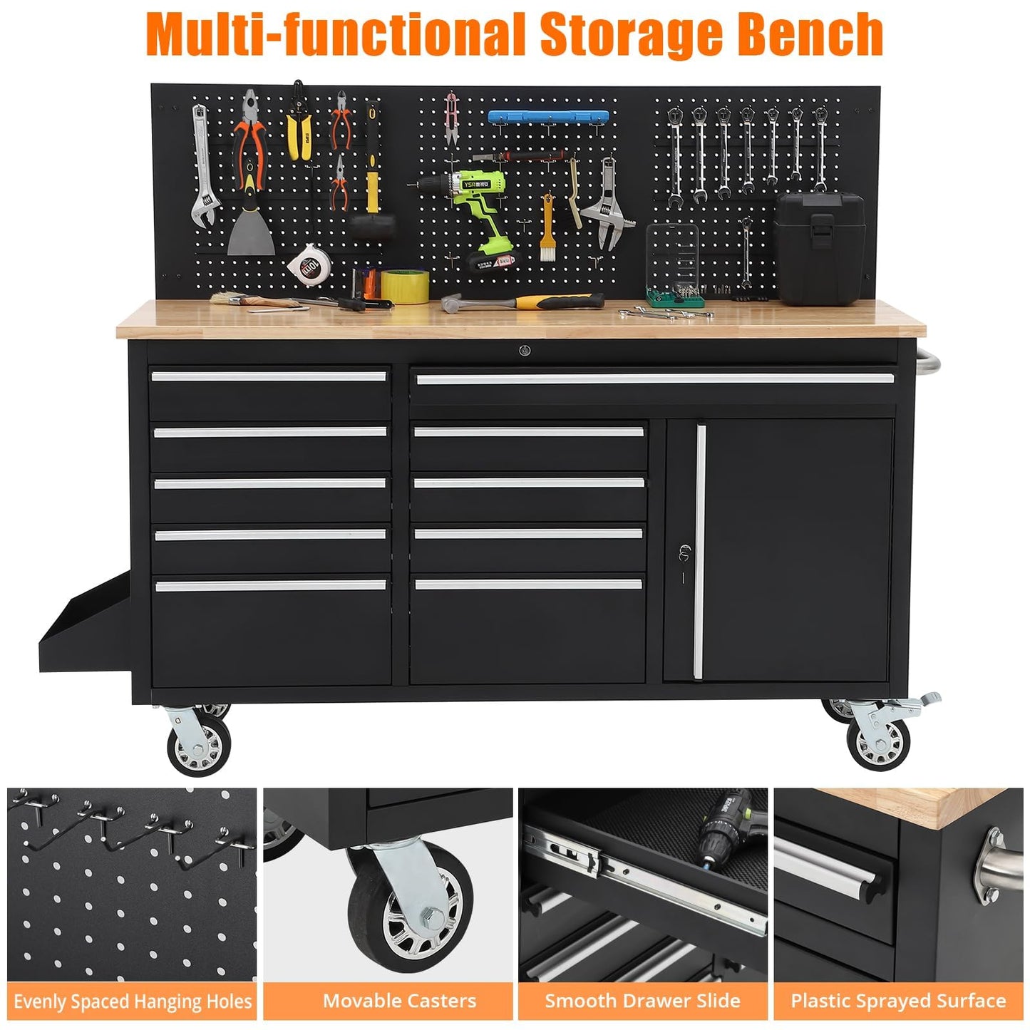 61-Inch Heavy Duty Rolling Tool Chest with 10 Drawers and Solid Rubber Wood Top Mobile Workstation, 1675 LBS Load, Includes Power Strip, Locking System, Drawer Liners for Garage Warehouse Repair Shop