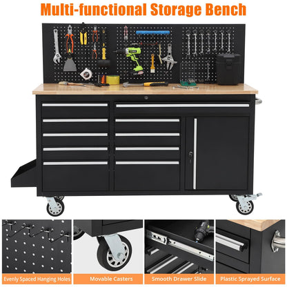 61-Inch Heavy Duty Rolling Tool Chest with 10 Drawers and Solid Rubber Wood Top Mobile Workstation, 1675 LBS Load, Includes Power Strip, Locking System, Drawer Liners for Garage Warehouse Repair Shop