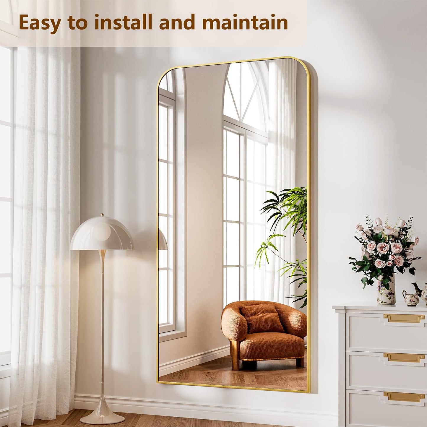 Koonmi Full Length Mirror, 80"x36" Mirror Full Length with Stand, Gold Domed Top Square-Edged Floor Mirror with Aluminum Alloy Frame for Bedroom Living Room