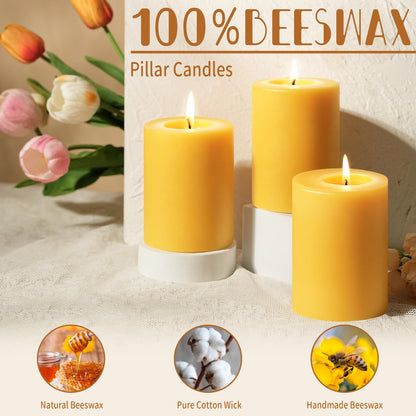 Natural Beeswax Pillar Candle, 120 Hours Long Burning Emergency Candles Unscented Pure Beeswax Pillar Candles 3x4in Dripless Bees Wax Candles for Home Paryer Parties, 2 Packs