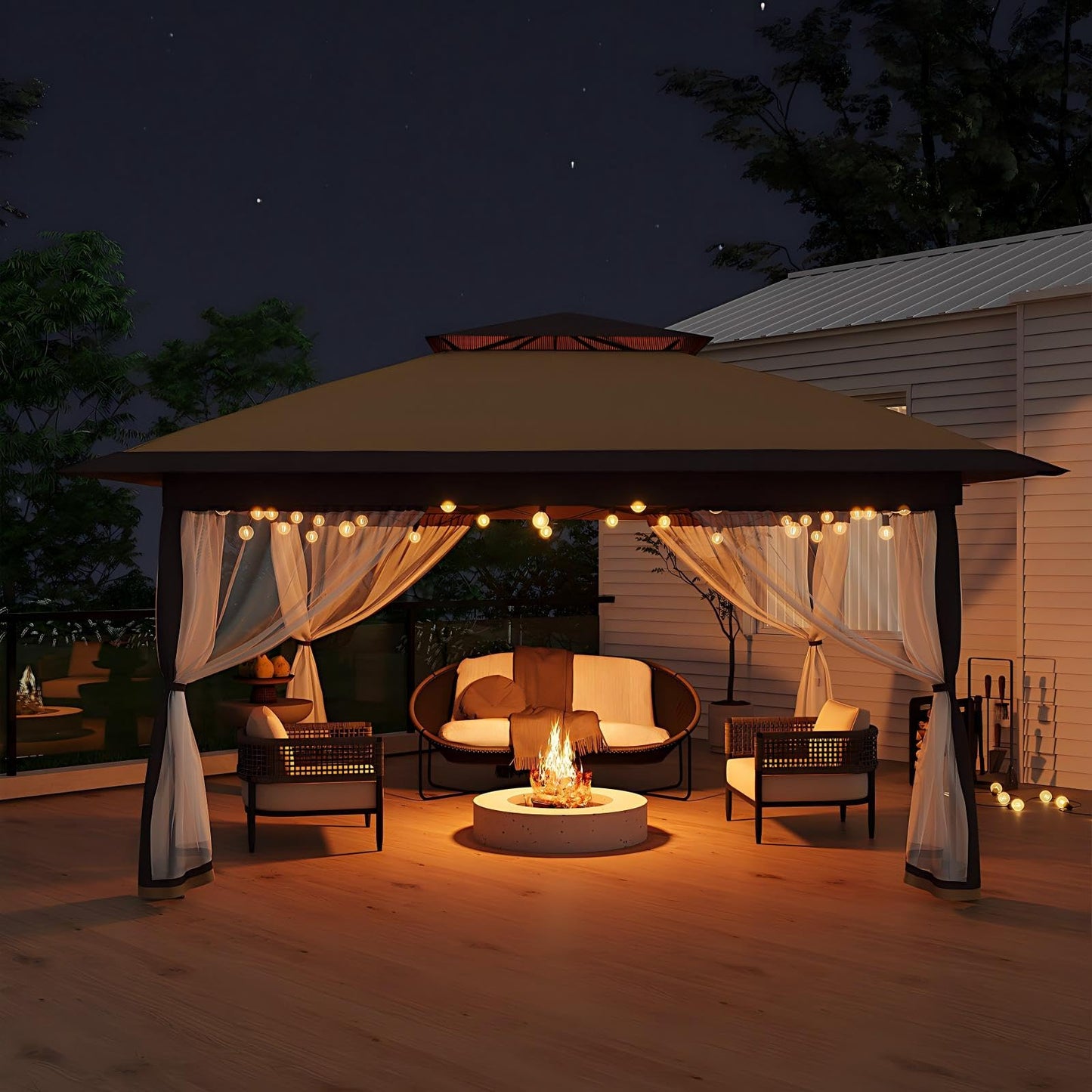 Garvee 12x12FT Pop Up Gazebo with Mosquito Netting, Outdoor Canopy Tent Easy Setup for Backyard Patio Garden Deck, Khaki & Coffee