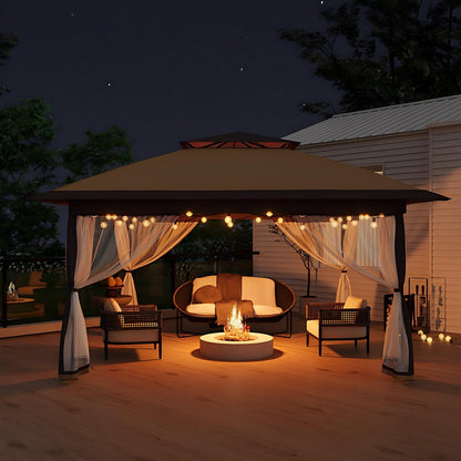 Garvee 12x12FT Pop Up Gazebo with Mosquito Netting, Outdoor Canopy Tent Easy Setup for Backyard Patio Garden Deck, Khaki & Coffee