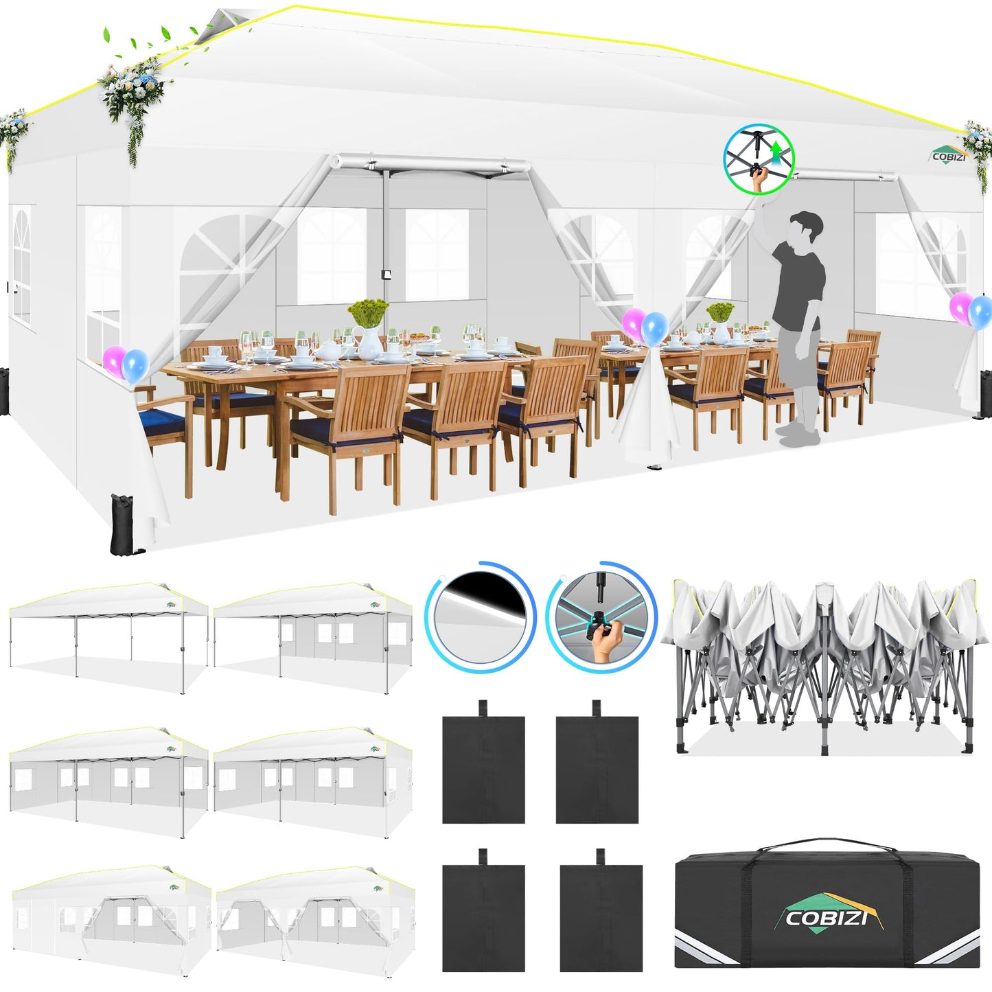 COBIZI 10x20 Pop Up Canopy with 6 Sidewalls One Push Setup Outdoor Event Shelter Waterproof UPF 50+ Gazebo Tent with Carry Bag,Air Vent,Sandbag for Wedding, Commercial, Party,White
