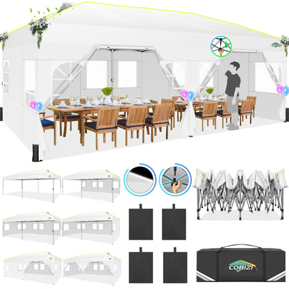 COBIZI 10x20 Pop Up Canopy with 6 Sidewalls One Push Setup Outdoor Event Shelter Waterproof UPF 50+ Gazebo Tent with Carry Bag,Air Vent,Sandbag for Wedding, Commercial, Party,White