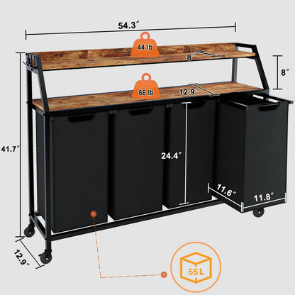 Timberer Laundry Hamper, Laundry Sorter with 4 Section, Rolling Basket with Wheels, 2 Shelves, 4 14.5 Gal, Pull-Out and Removable Oxford Fabric Bags for Laundry Room, Black and Rustic Brown