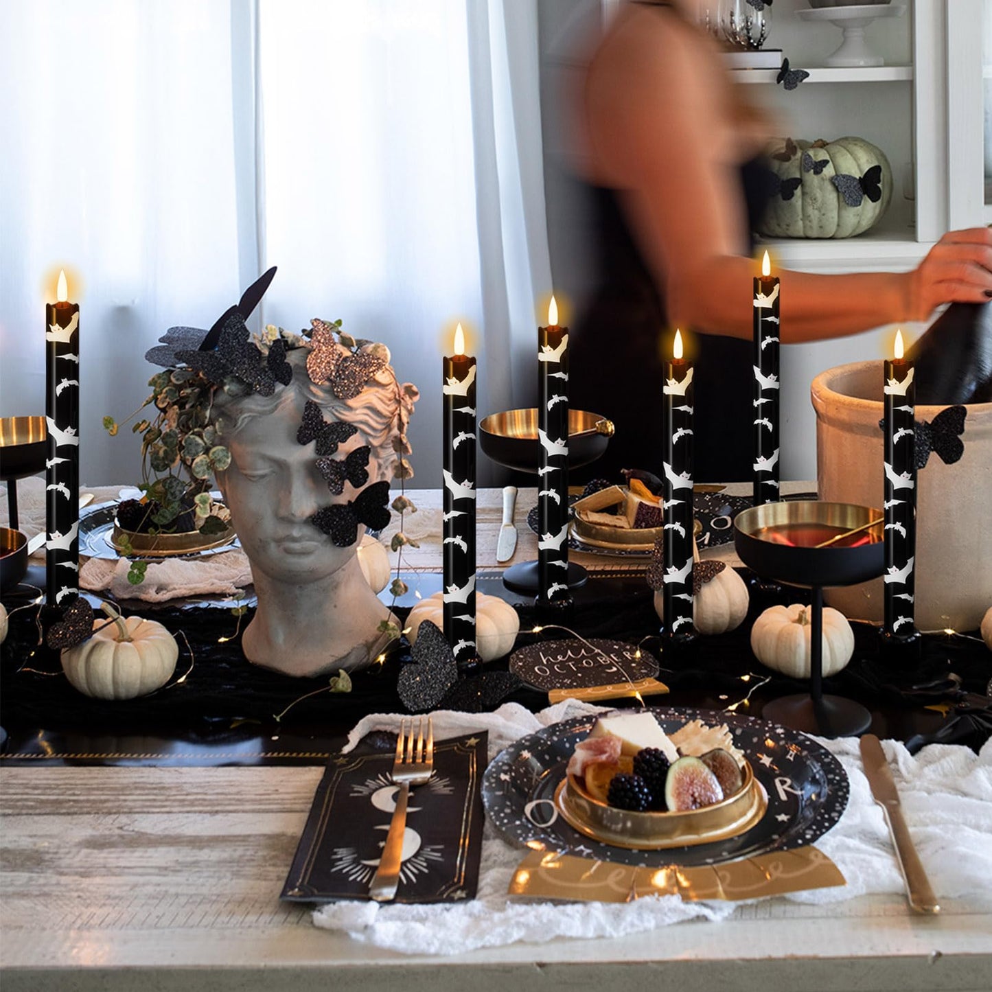 Wondise Black Halloween Flameless Taper Candles with Remote & Timer, Halloween Battery Operated Candles with Bats Decals Waxy 3D Wick Flickering for Halloween Decorations