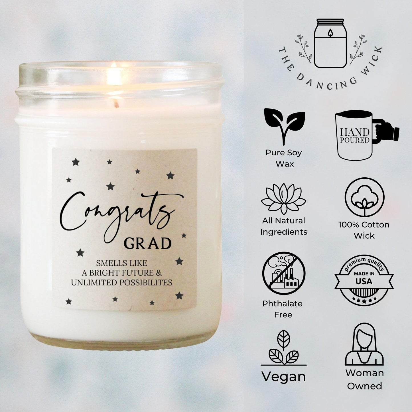The Dancing Wick Candle - Congrats Grad 2026 - Golden Hour Scented Soy Wax Candle - Dreamy Floral & Sweet Amber Scent - 8 oz, Hand-Poured - Made in the USA – Graduation Gift (Congrats Grad)