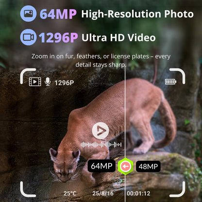 BLAZEVIDEO 2-Pack WiFi Trail Camera 64MP 1296P with Audio, 3 PIR Motion Activated 0.1s Trigger & 120° Wide-Angle Detection, 100ft 940nm No-Glow Night Vision, IP66 Waterproof Game Cam for Wildlife
