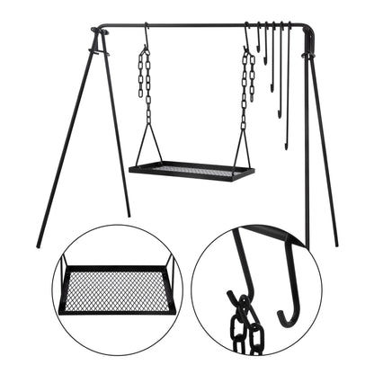 Bruntmor Grill Swing Campfire Cooking Stand BBQ Grill for Cookware & Dutch Oven Adjustable Collapsible Legs with Hooks & Accessories & Carrying Case Black