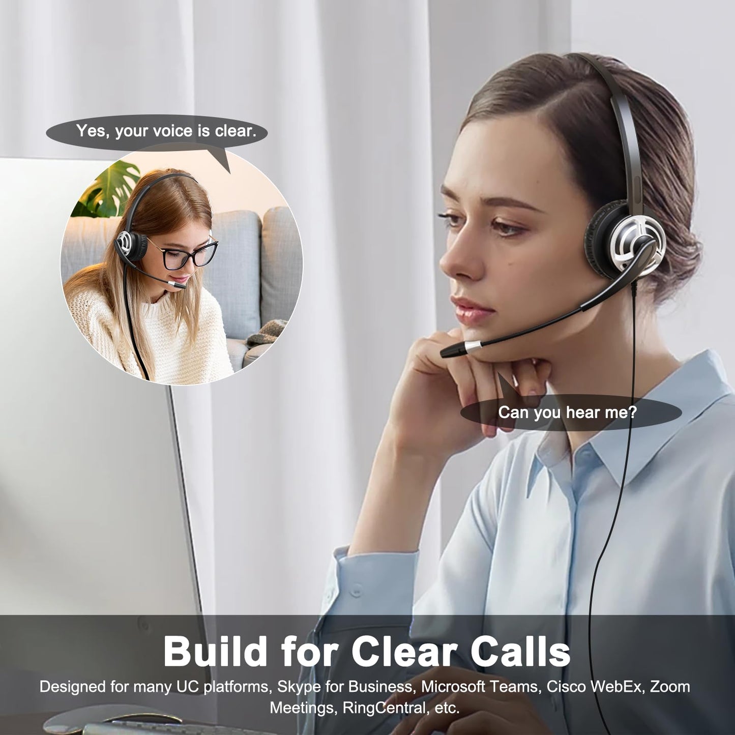 MKJ USB Headset with Microphone for PC, Computer Headset with Noise Cancelling Mic for Call Center and Office, Wired Headphones for Laptop UC Platforms Business Ms Teams Zoom Webex Facetime