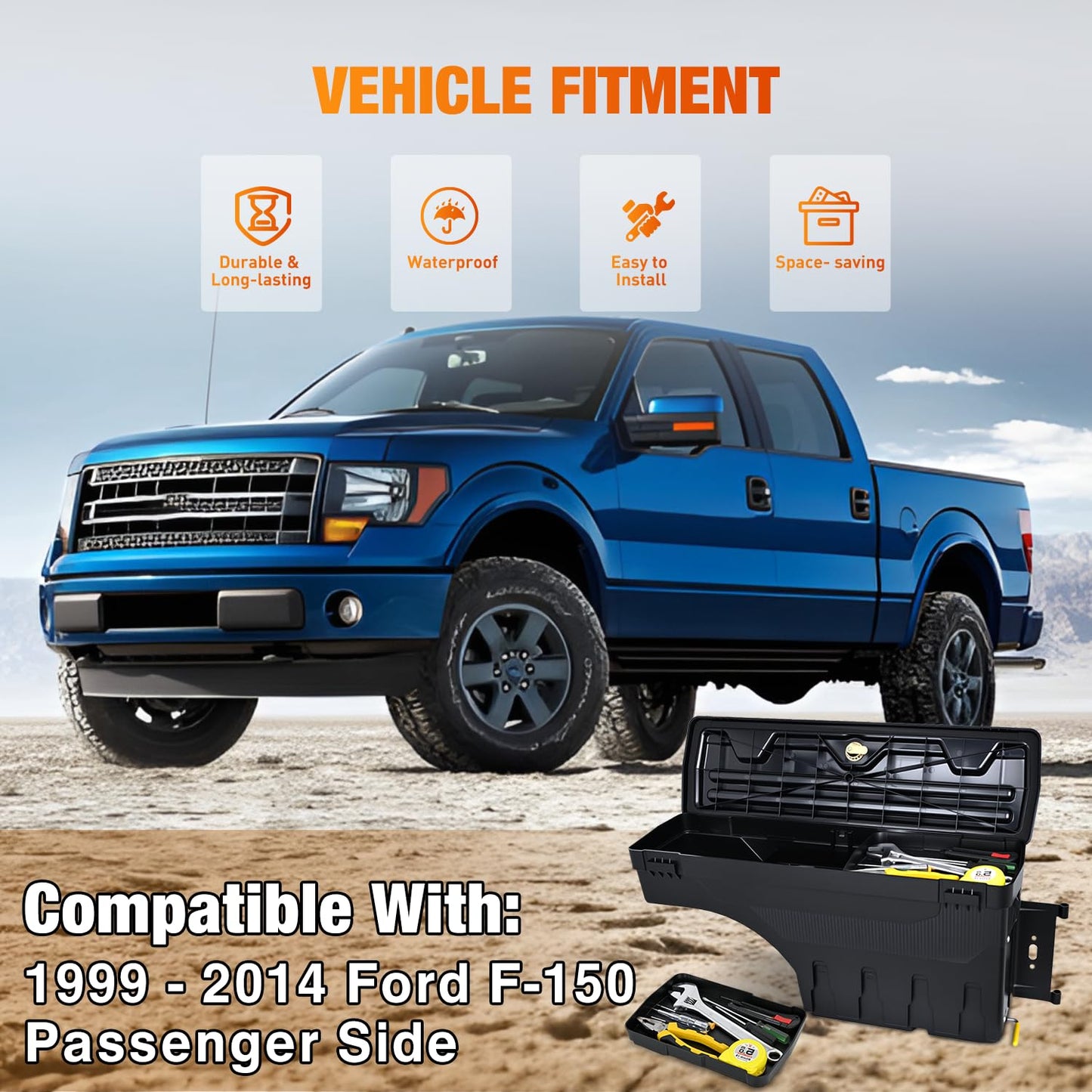 Nilight Truck Bed Tool Box Right Passenger Side Truck Tool Box Fit for Ford F-150 1999-2014 ABS Swing Case Truck Bed Storage Box with Lockable Lid Waterproof Wheel Well Toolbox Black