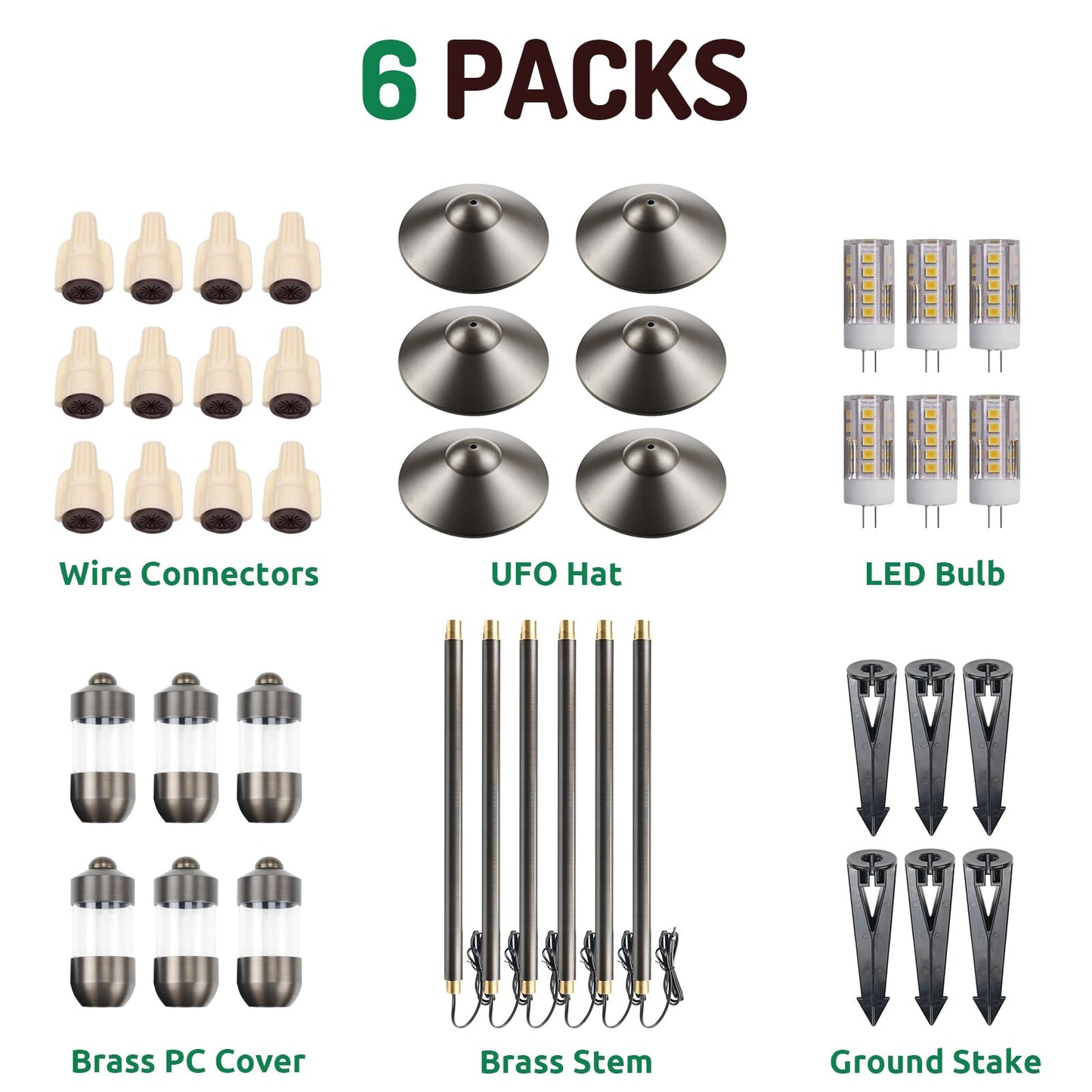 DOSHINE® Solid Brass Low Voltage Landscape Lighting Pathway Lights (9" Shade, 22" Tall) with Replaceable 3W G4 LED Bulb 3000K AC/DC 12V and Ground Stake for Outdoor Walkway Driveway (UFO, 6-Pack)
