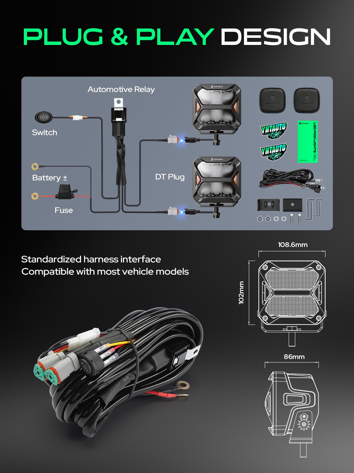 YHTAUTO 4 Inch LED Light Bars w/Wiring Harness & Light Cover, 60W, 7200LM, 5700K, Driving 10x25° Beam Off Road Camper Pod Light for Truck SUV ATV UTV Golf Cart Tractor Van Boat IP67 Waterproof Lamp