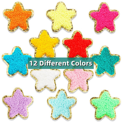 24 Pieces Star Chenille Patches,Cute Iron on Patches for Clothes,Iron on Stars Fabric Embroidered Patches for Women Backpack Hat Jacket Jean Decorative Applique(Star,White)