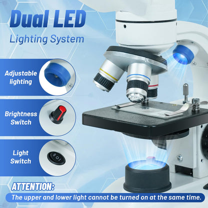 Binocular Microscope 40X-1000X LED Lighting for Kids Students Adults School Lab Home Education with Microscope Slides Set,Phone Adapter