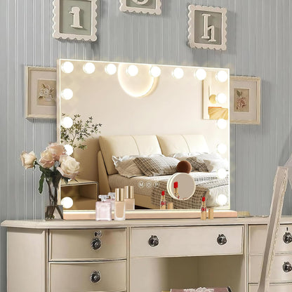 Ratsamee Hollywood Vanity Mirror with Lights, 18 Dimmable Bulbs, 3 Color Lights,Make Up Lighted Mirror, Aluminum Metal Frame, USB Charging Port（32" x 24"）