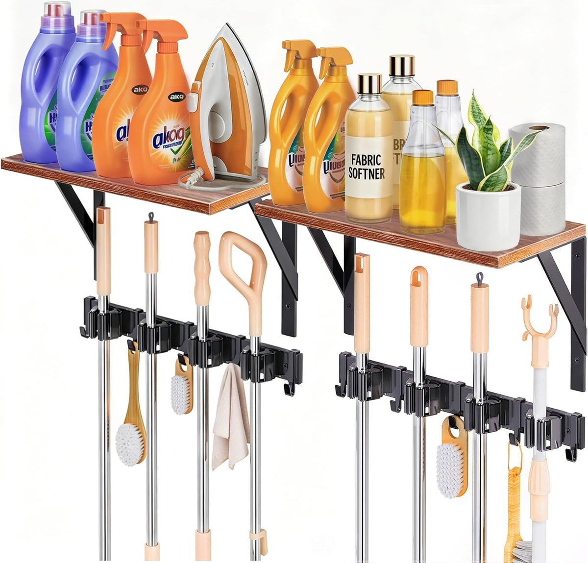 Skiennix Broom Holder Wall Mount - Space-Saving Organizer with 8 Slots & 10 Hooks | Ideal for Laundry Room & Garage