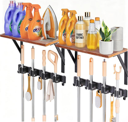 Skiennix Broom Holder Wall Mount - Space-Saving Organizer with 8 Slots & 10 Hooks | Ideal for Laundry Room & Garage