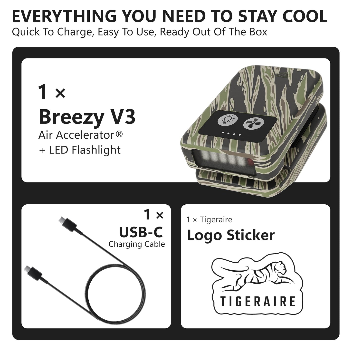 Tigeraire Breezy Clip-On Hat Fan for Sportsmen & Tradesmen - Lightweight Head Cooler, USB-C Recharge, 11 MPH Airflow, 10+ Hr Runtime, Defogs Eyewear & Face Shields - Portable Heat Relief - Camo