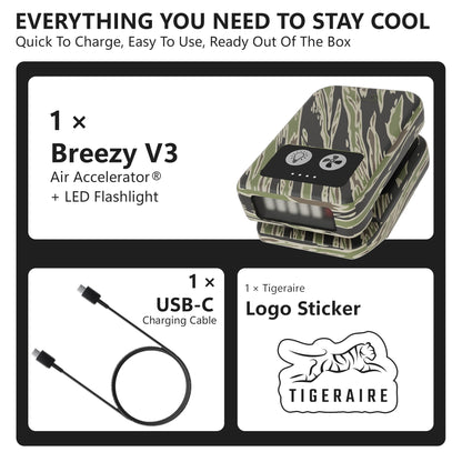 Tigeraire Breezy Clip-On Hat Fan for Sportsmen & Tradesmen - Lightweight Head Cooler, USB-C Recharge, 11 MPH Airflow, 10+ Hr Runtime, Defogs Eyewear & Face Shields - Portable Heat Relief - Camo