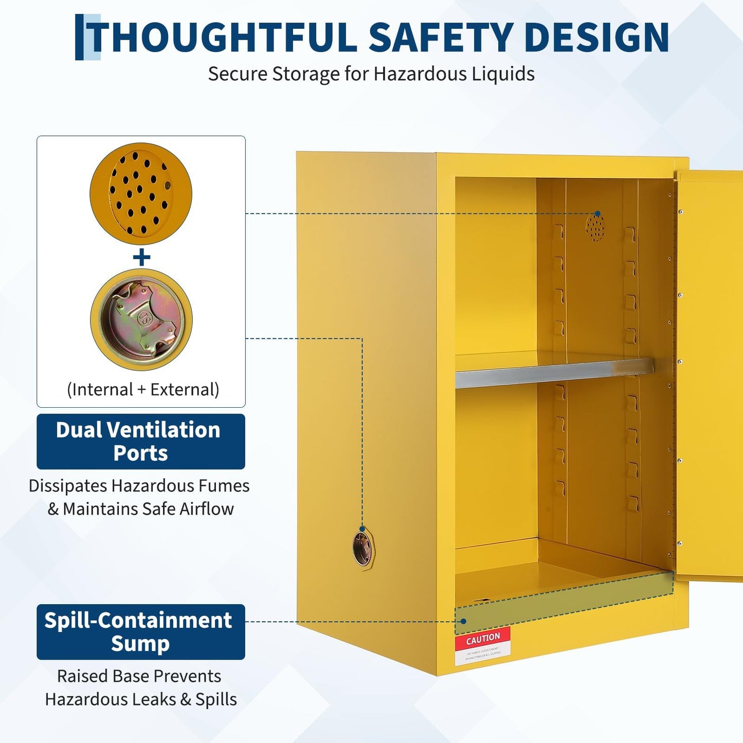 Fire Resistant Flammable Storage Cabinet,Heavy Duty Hazardous Liquid Safety Cabinet with Adjustable Shelf, Cold-Rolled Steel Construction, Spill Containment Tray, Ventilation Holes & Grounding