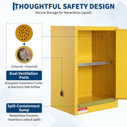 Fire Resistant Flammable Storage Cabinet,Heavy Duty Hazardous Liquid Safety Cabinet with Adjustable Shelf, Cold-Rolled Steel Construction, Spill Containment Tray, Ventilation Holes & Grounding