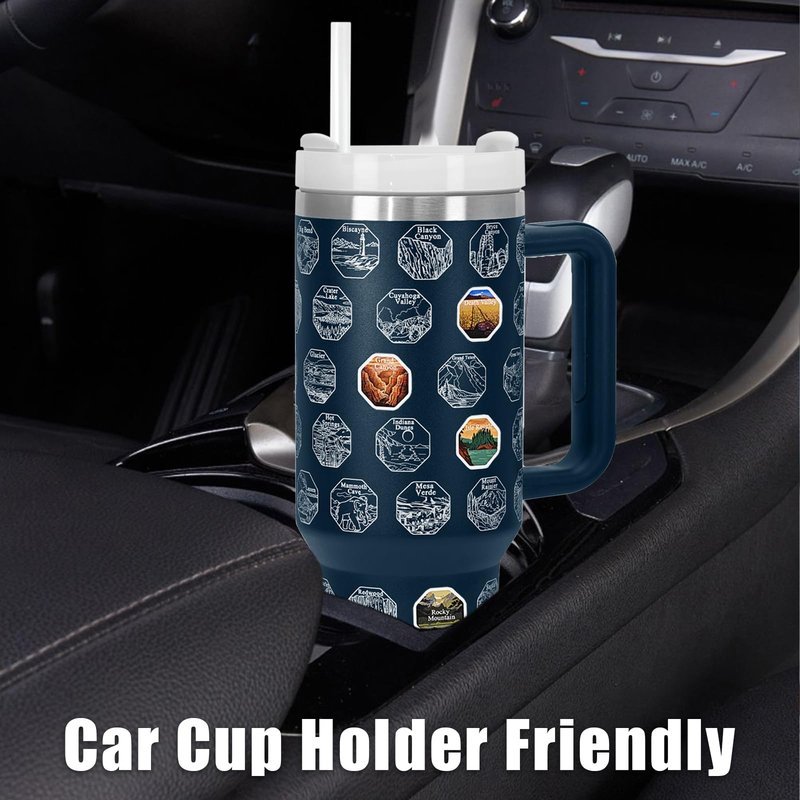 XccMe 63 National Parks Water Bottle with Stickers,40 oz Tumbler with Handle and Straw,2 Lids,40 oz Double Wall Insulated Tumbler,Stainless Steel Leak Proof Tumbler,Travel Coffee Mug (Blue)