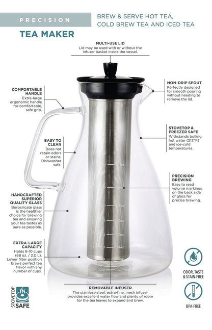 Teabloom Extra-Large Multi-Brew Glass Teapot + Kettle + Pitcher (68 OZ / 2.0 L / 8 CUPS) – For Hot Tea, Iced Tea, Cold Brew Tea and Fruit Infused Water – Volume Markings For Precise Brewing