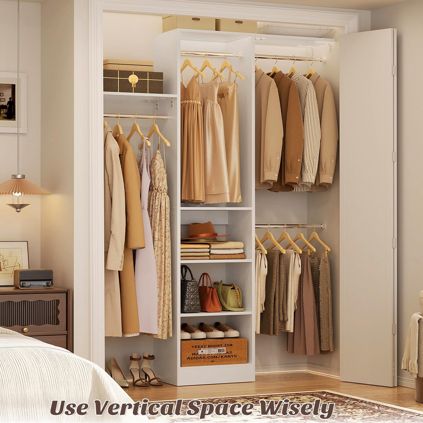 Besiost 48" Closet Organizer System, 4FT Closet System for Small Closets with 4 Hanging Rods & 3 Shelves, 80"H Small Closet Organizers and Storage for Bedrooms, Cloakrooms, White