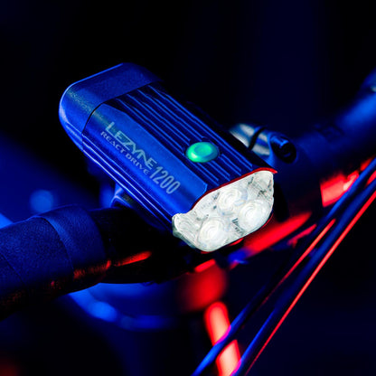 LEZYNE React Drive Front LED Bike Light - 1200-Lumen CNC-Machined Aluminum IPX7 Waterproof USB-C Rechargeable Handlebar-Mounted Cycling Visibility Headlight, 70-Hour Runtime (1-LED-43F-V117)