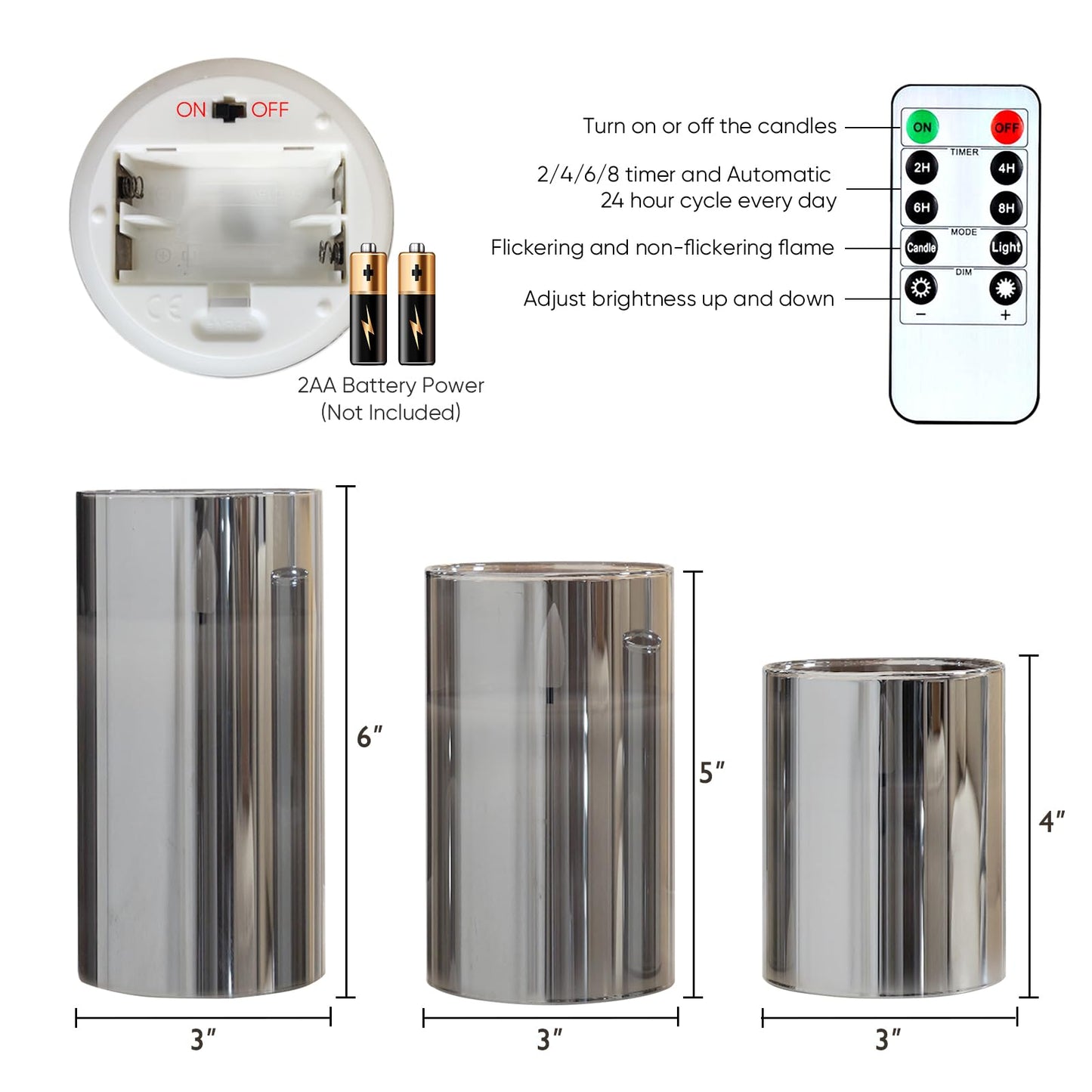 5plots Glass Battery Operated Grey Flameless Candles with Remote Timer, 3D Wick Real Wax Pillar Led Candles Warm Flickering Light for Indoor Home, Halloween, Christmas Decor D3 x H4 5" 6"