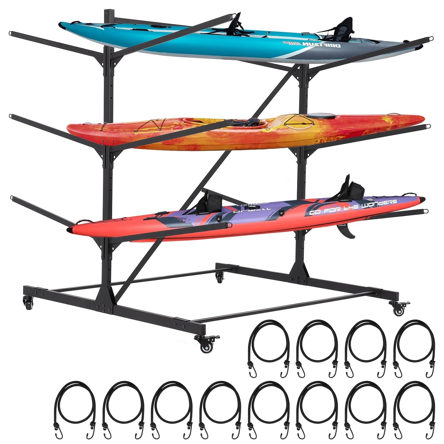 GCCSJ Kayak Storage Rack, 3-Leves Freestanding Kayak Stand with Wheels, Adjustable Canoes and Surfboards Bracket for Garage and Outdoor Kayak Racks