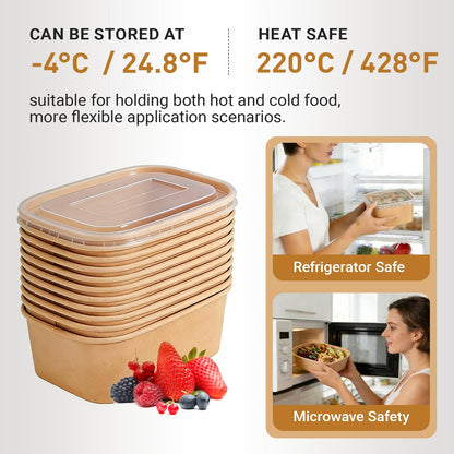 ganfaner 25 oz Disposable Bowls with Lids, 200 Sets Kraft Paper Bowls Square, Disposable Meal Prep Food Container with Sealing Lid, Microwave Safe Leakproof is Perfect for Party Lunch Hot Soup
