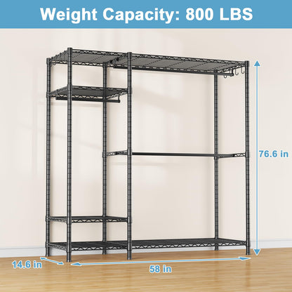 Ulif F7 Garment Rack, Heavy Duty Clothes Rack, Clothing Racks for Hanging Clothes, 6-Tiers Freestanding Portable Closet Storage Rack 58'' W × 14.6'' D × 76.6'' H, Max Load 800 Lbs, Black