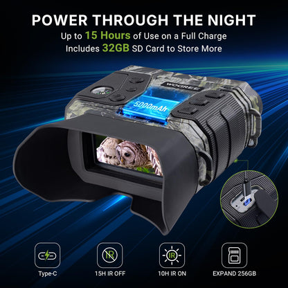 WOGREE Night Vision Goggles, 4K Night Vision Binoculars for Adults, 36MP, 1300FT Range,8X Digital Zoom, Flashlight & Compass, 5000mAh Battery, Infrared Vision, 32GB Card, for Camping & Security